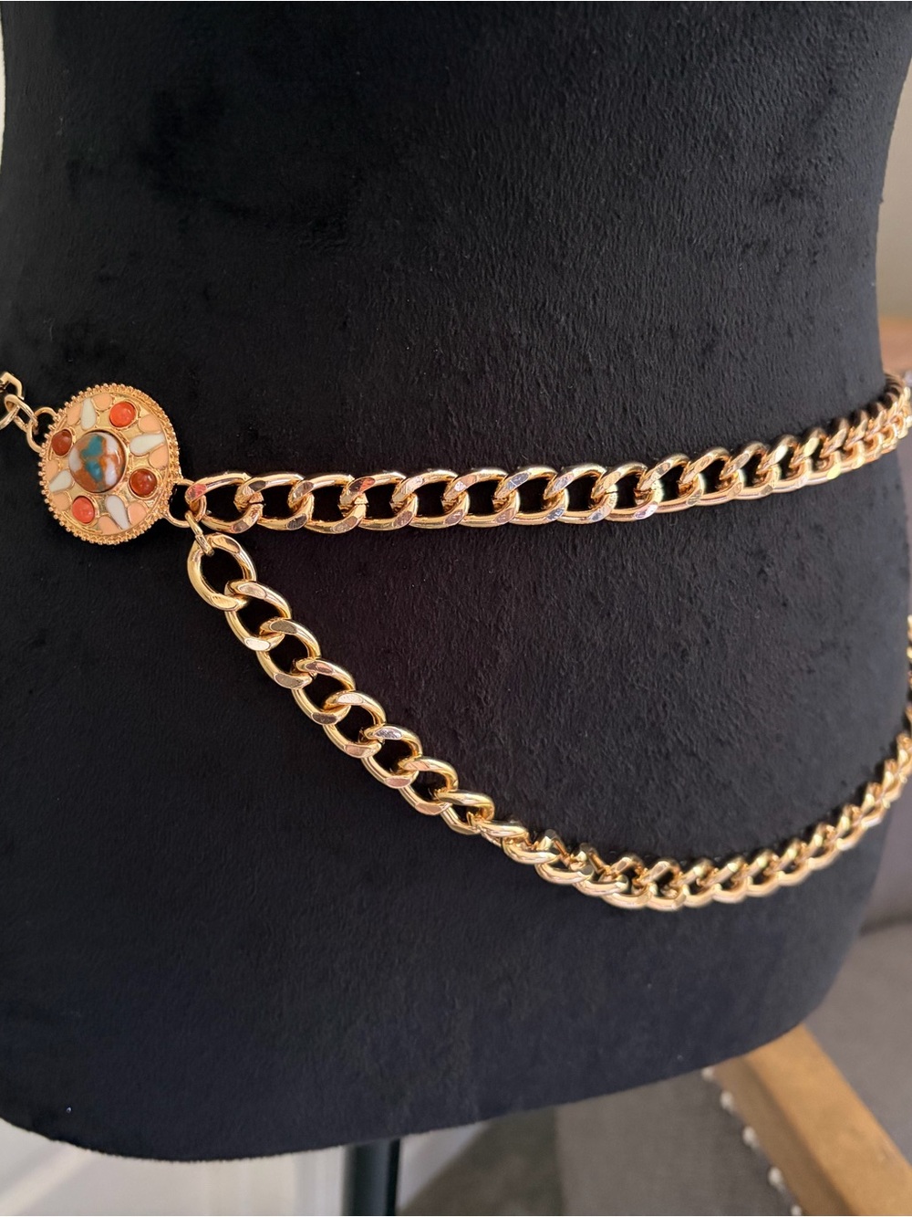 Haute Hippie Gold Chain Belt with Coral and Turquoise Medallion
